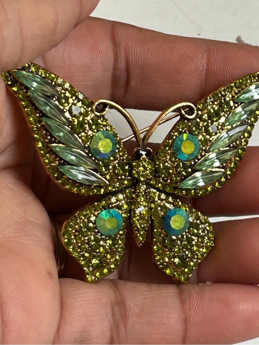 Gold-Tone Green Crystal Butterfly Brooch